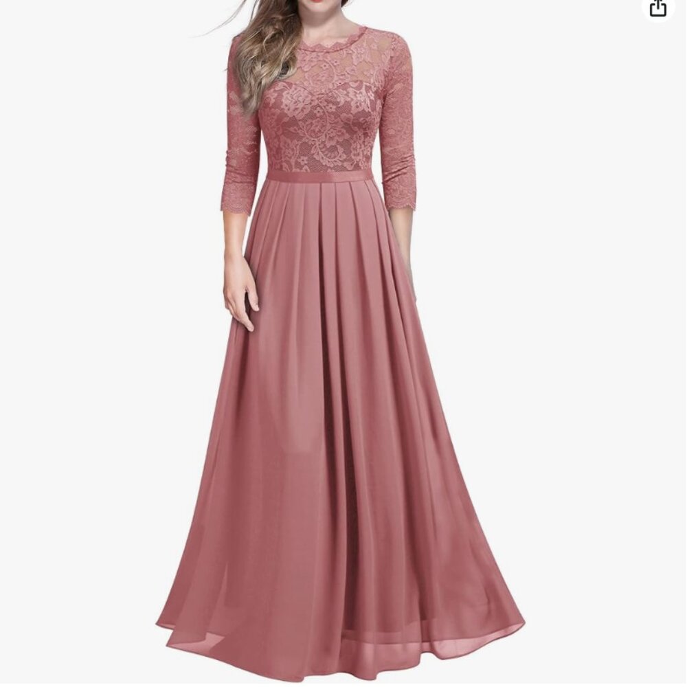 Miusol Elegant Floral Lace 3/4 Sleeve Bridesmaid Formal Maxi Dress (Pink, XL)